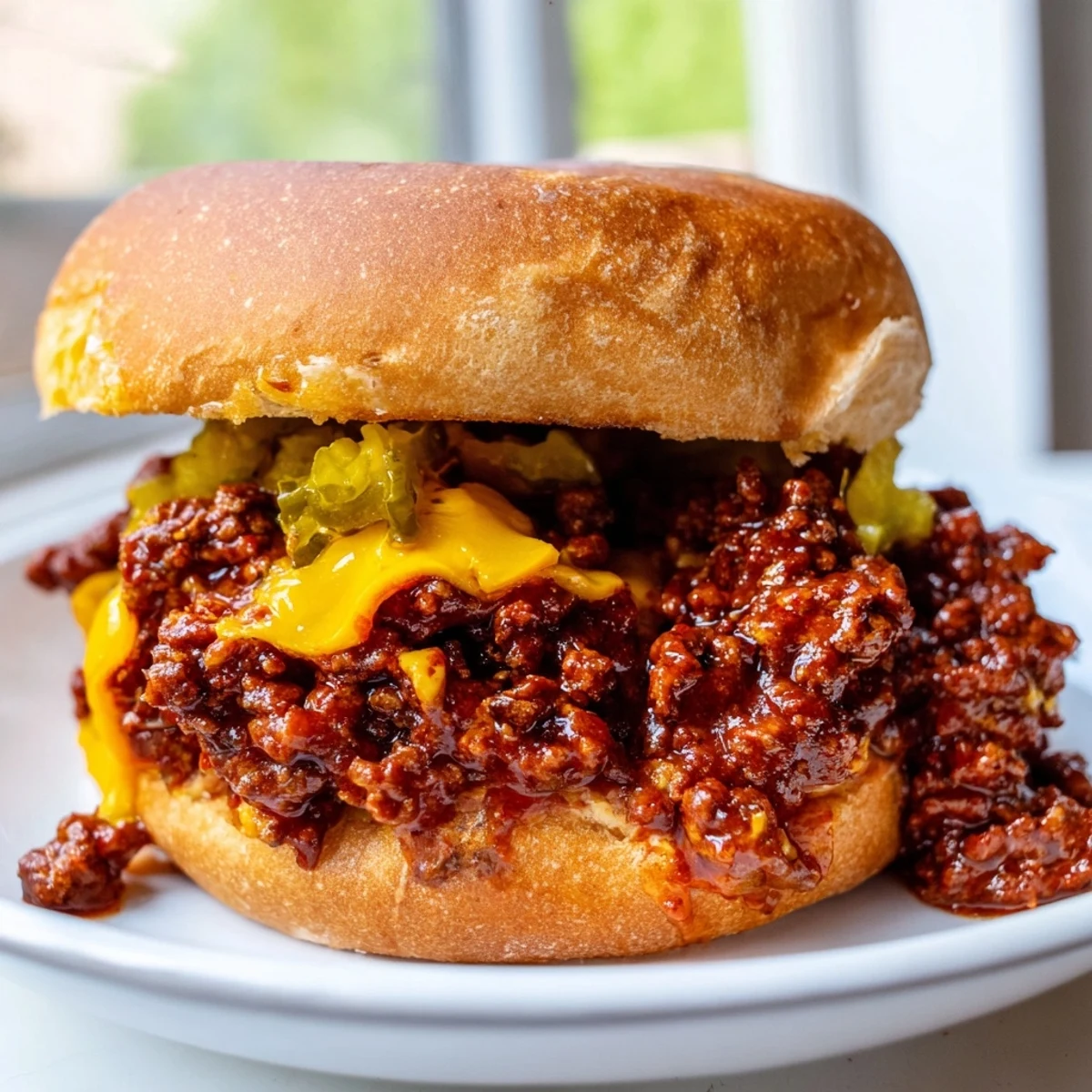 Melting cheddar tops these Smash Burger Sloppy Joes on golden toasted buns