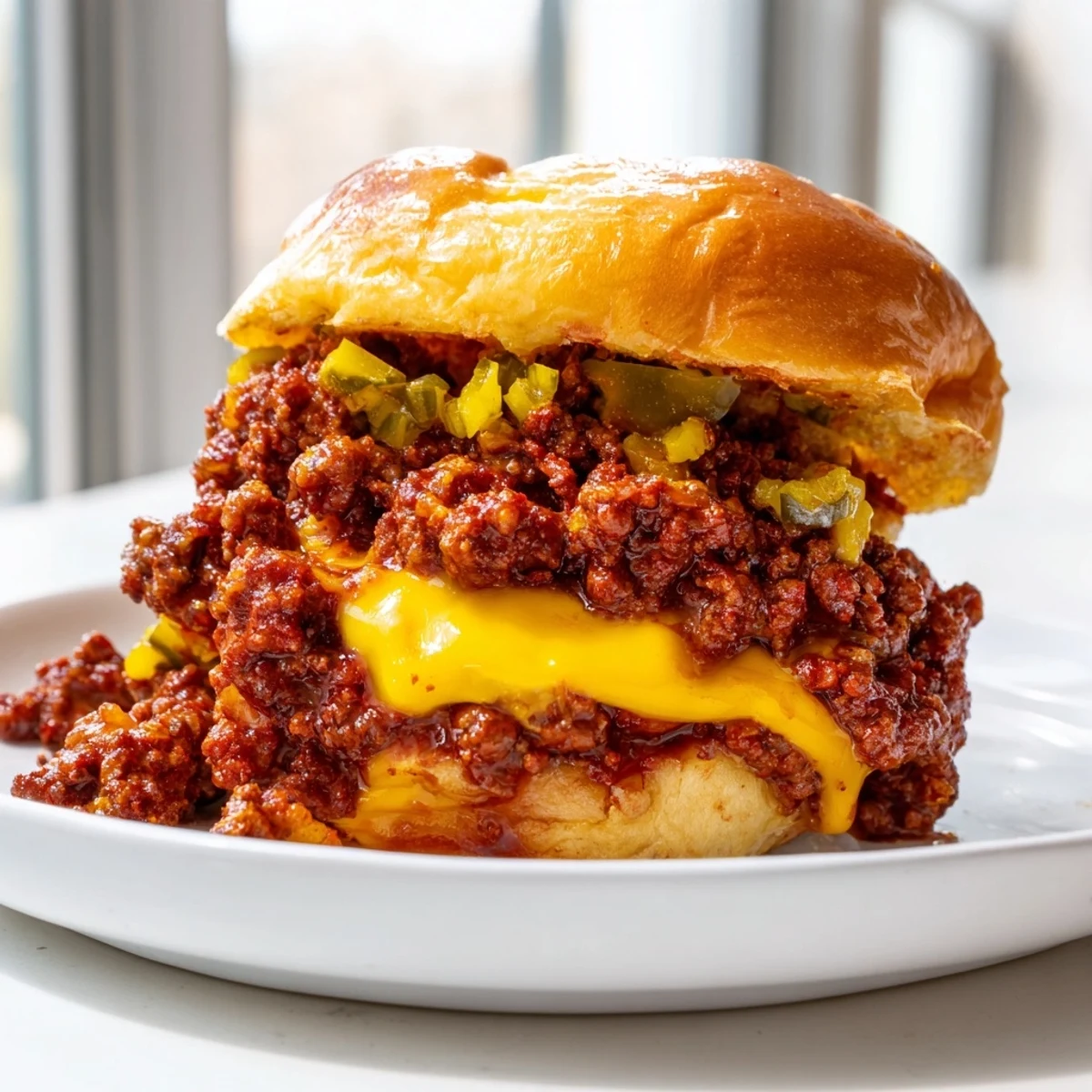 Saucy Smash Burger Sloppy Joes with pickles dripping off a buttery bun