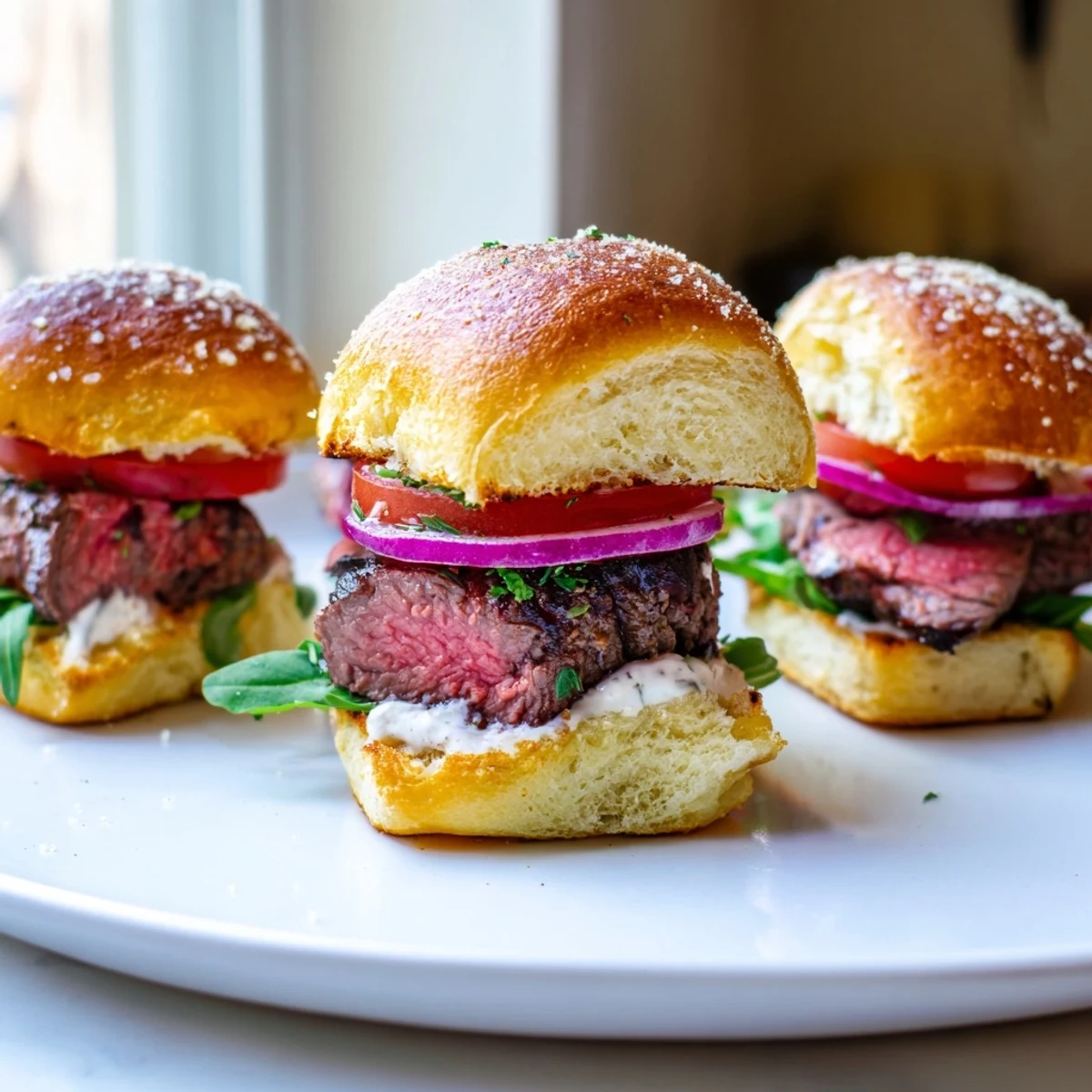 Juicy filet mignon sliders on golden garlic parmesan rolls garnished with arugula and tomato