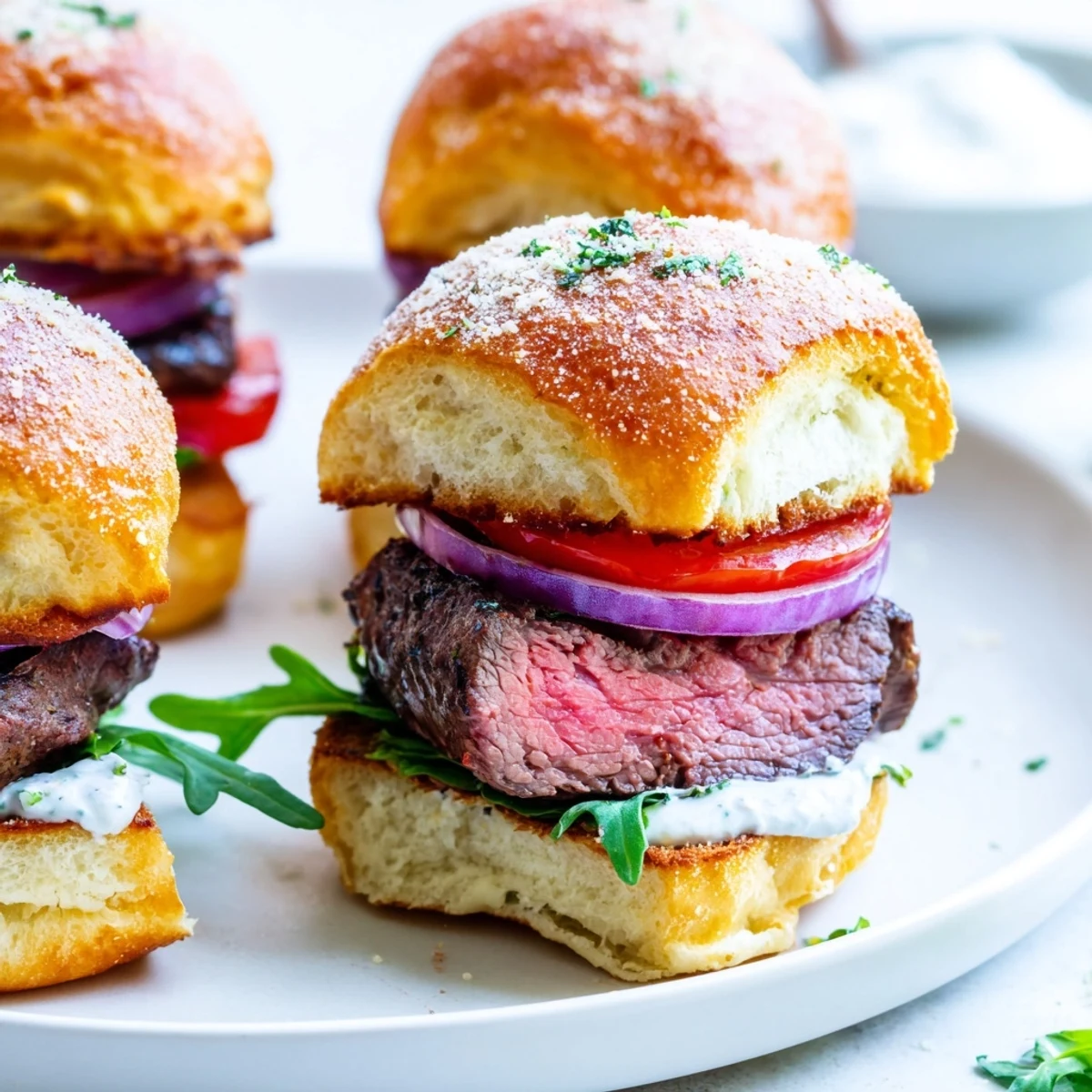 Crispy garlic parmesan rolls cradling seared filet mignon sliders drizzled with horseradish cream