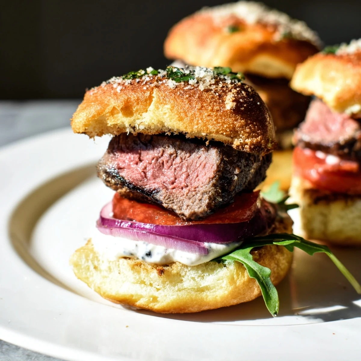 Tender filet mignon sliders stacked on toasted garlic parmesan buns with fresh greens and onion