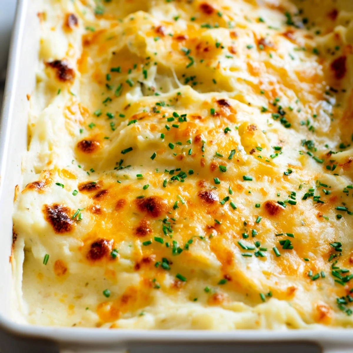 Creamy cheesy onion mashed potato casserole served in a rustic baking dish with caramelized onion garnish