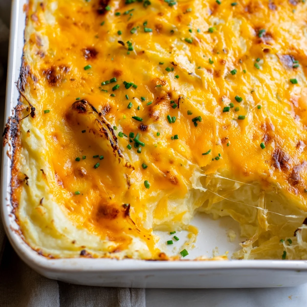 Golden bubbly cheesy onion mashed potato casserole fresh from the oven with melted cheddar topping