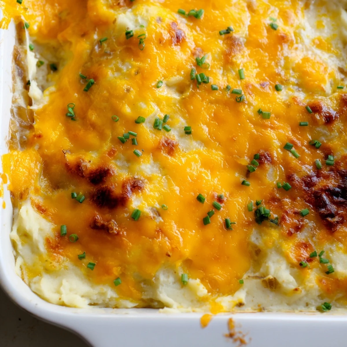 Steaming spoonful of cheesy onion mashed potato casserole revealing stretchy melted mozzarella and tender golden potatoes