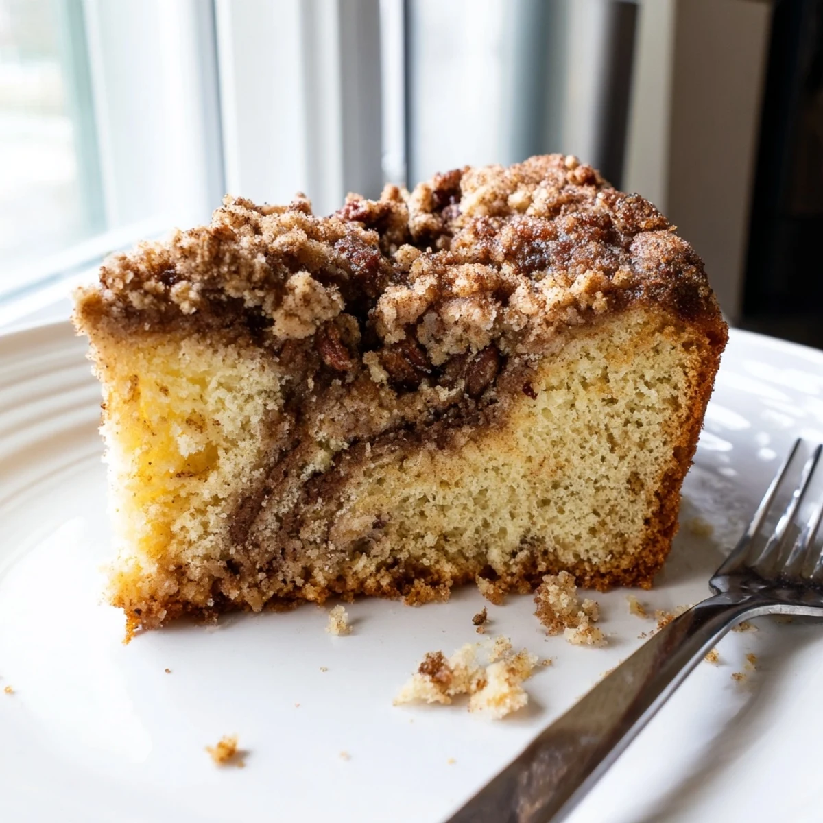Warm cinnamon pecan crunch coffee cake with a golden crumbly pecan topping on a rustic plate
