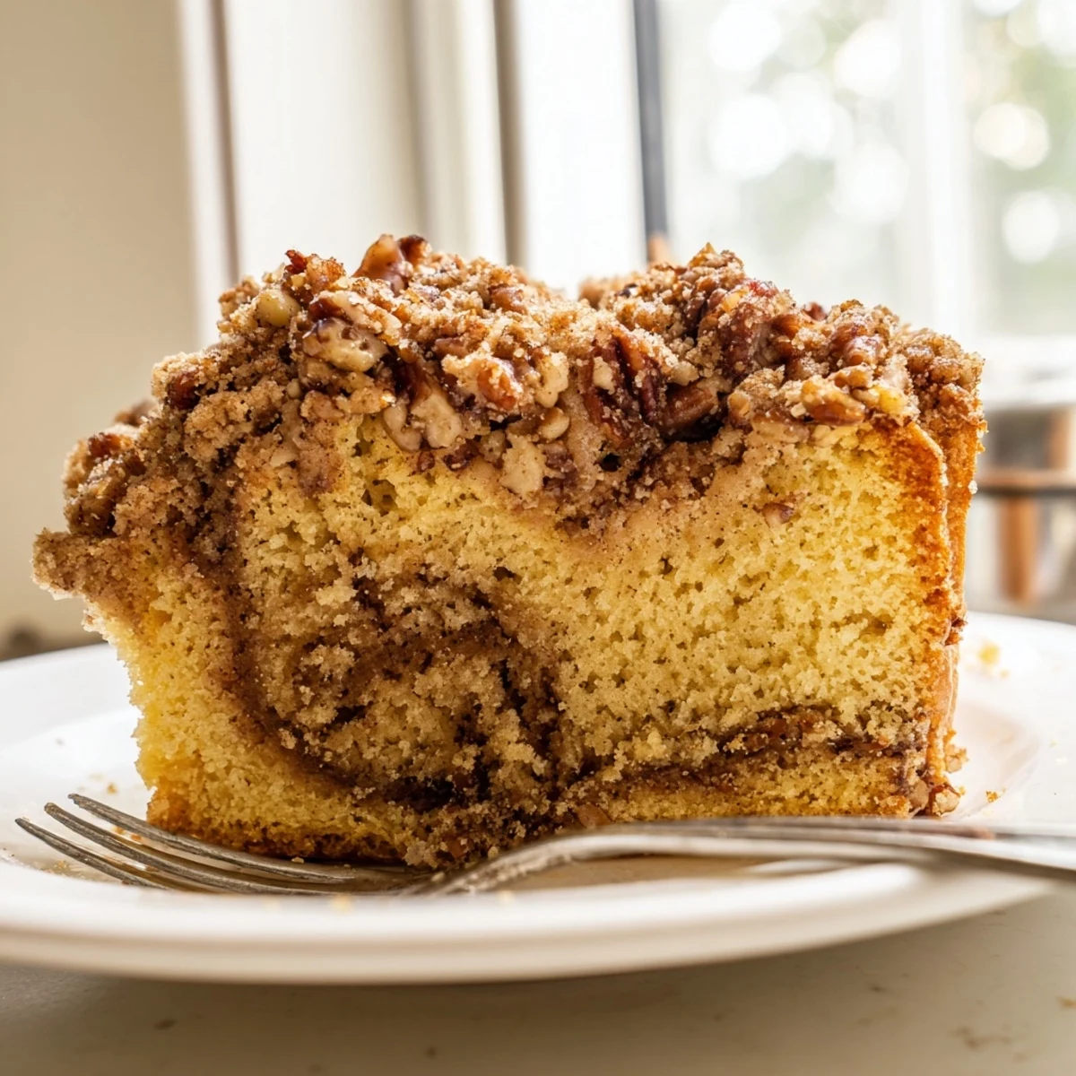 Moist cinnamon pecan crunch coffee cake sliced to reveal a sweet cinnamon swirl inside