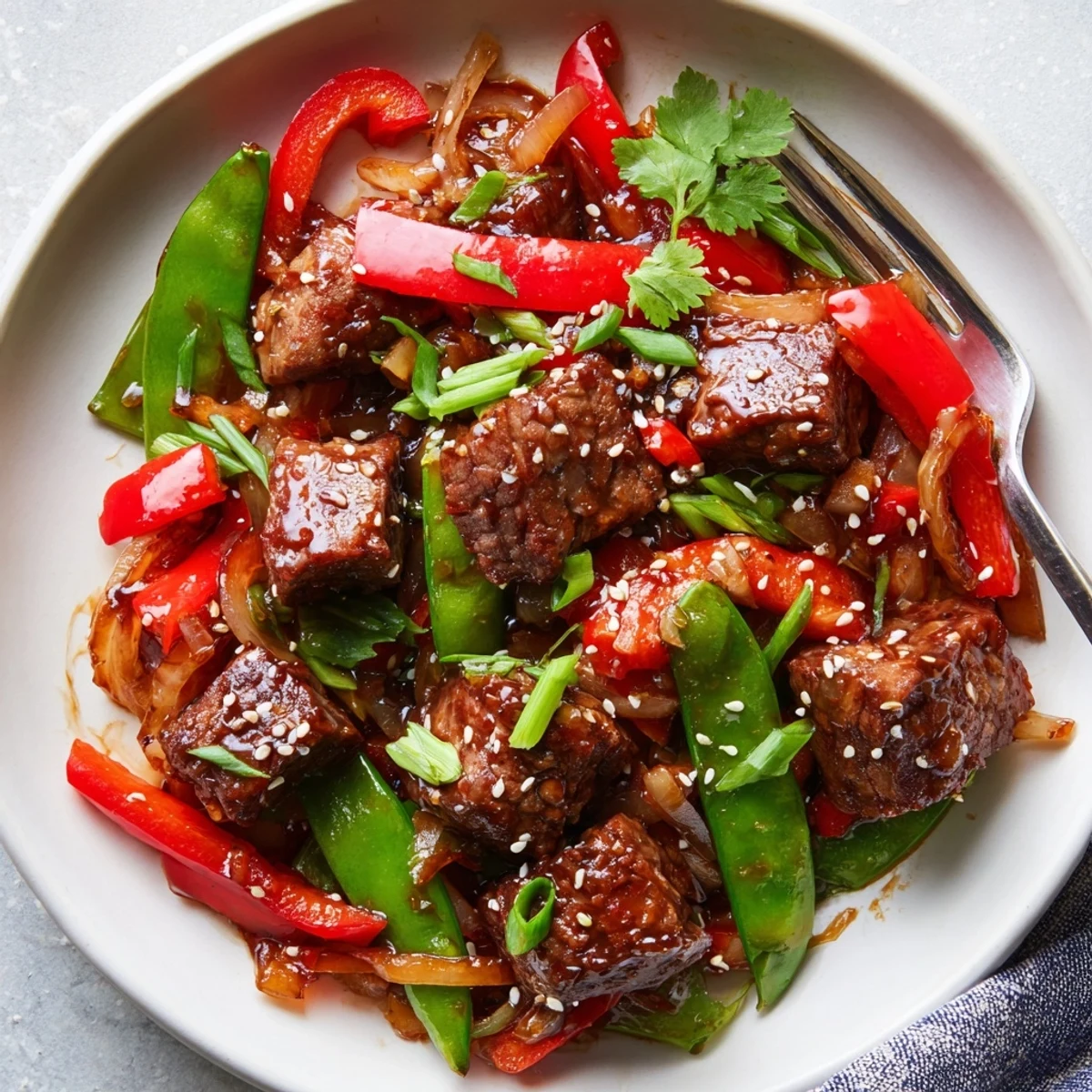 Juicy Asian-inspired cube steak sizzling in a wok alongside vibrant bell peppers and snap peas
