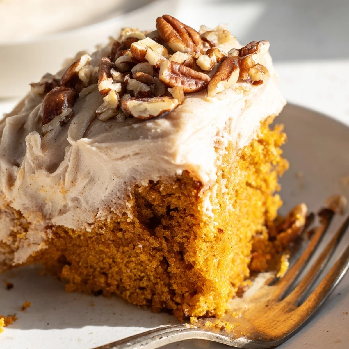 A slice of pumpkin pecan cake with swirled cinnamon cream cheese icing on a rustic plate