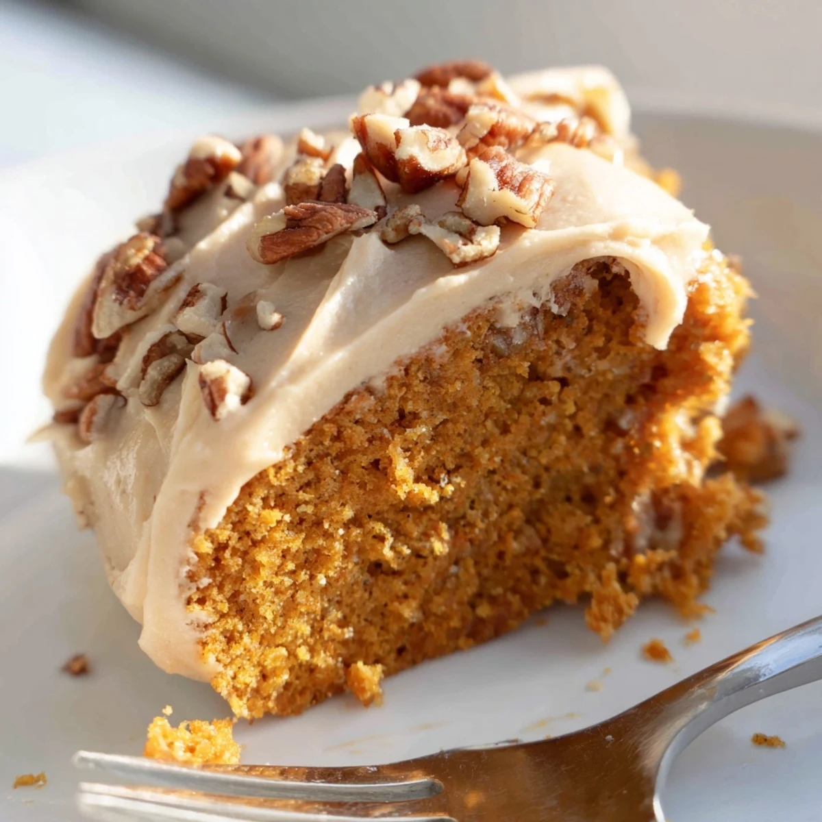 Thick piece of pumpkin pecan cake layered with spiced cinnamon cream cheese icing ready to serve