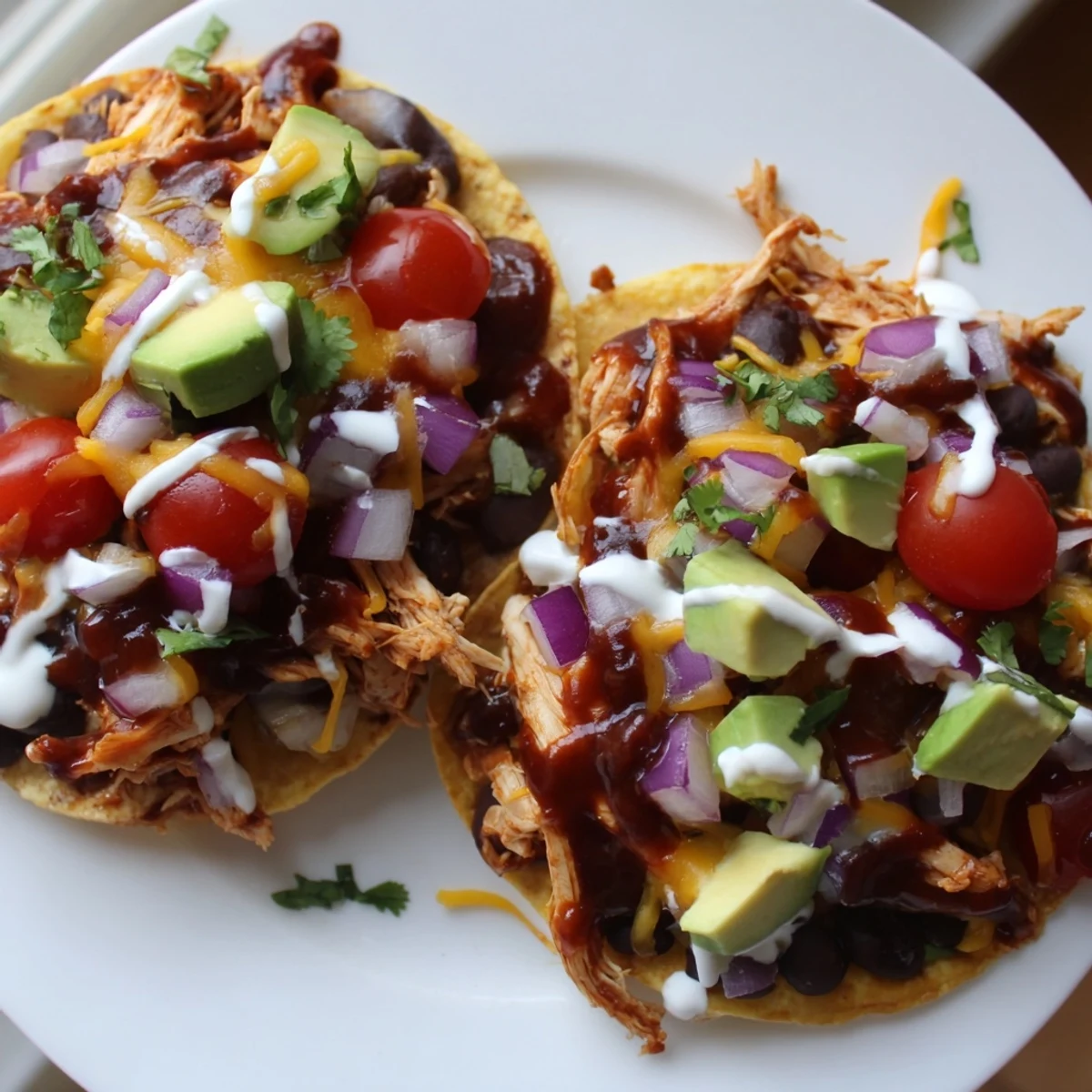 Crispy sweet smoky BBQ chicken tostadas loaded with melted cheddar and fresh avocado