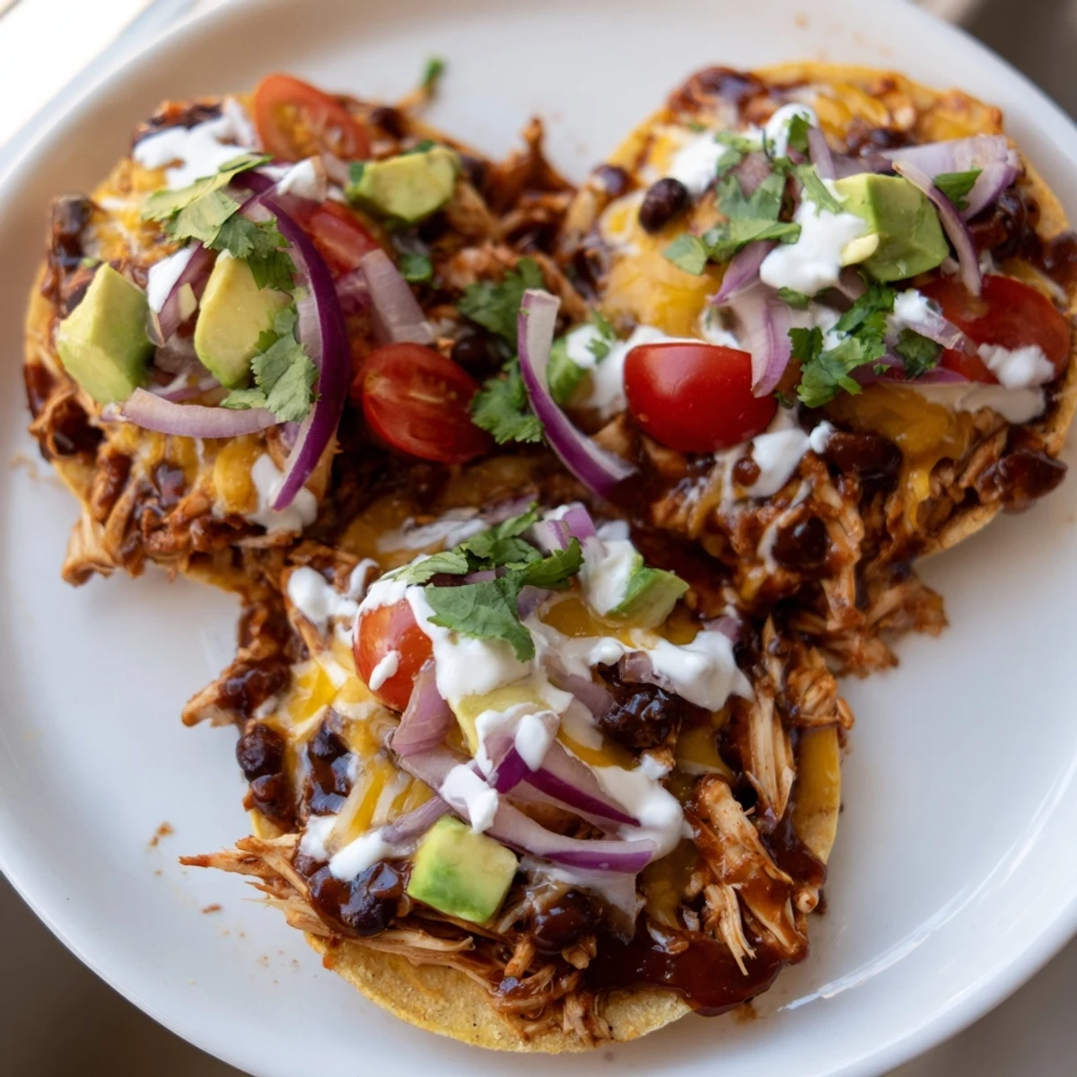 Warm sweet smoky BBQ chicken tostadas garnished with cilantro sour cream and lime wedges