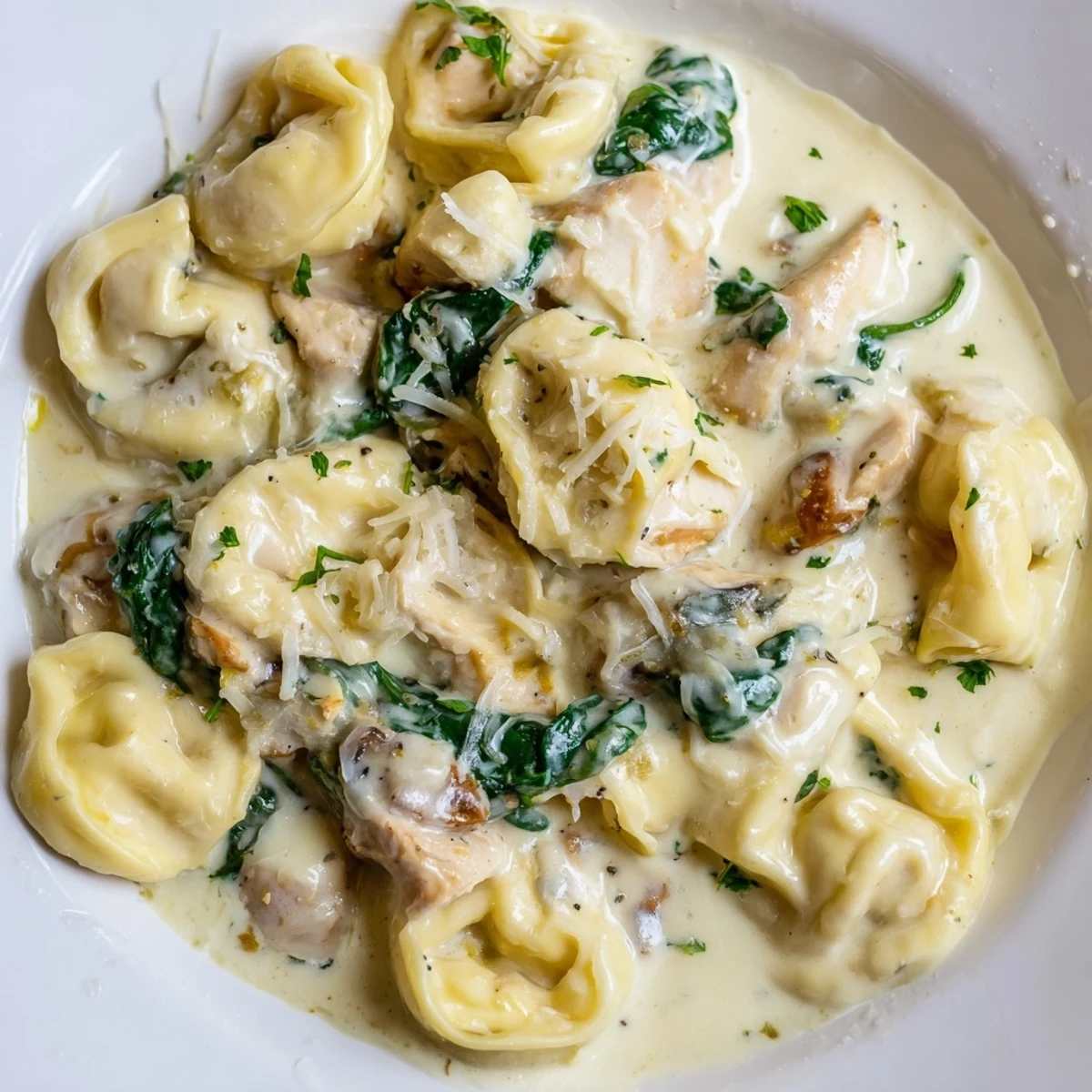 Cheese tortellini tossed with tender chicken and spinach in creamy garlic sauce