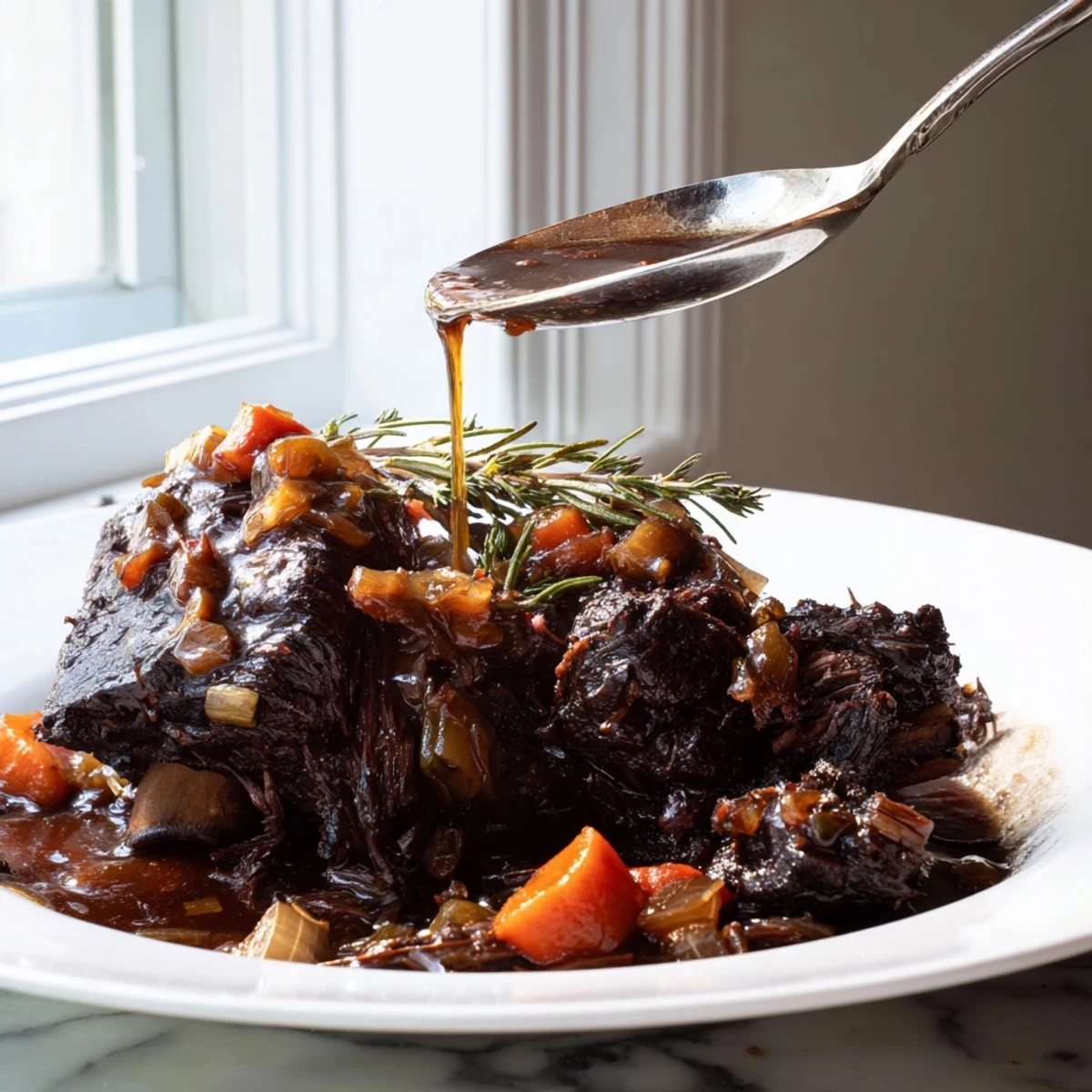 Tender oven braised beef short ribs glazed in rich, savory red wine sauce