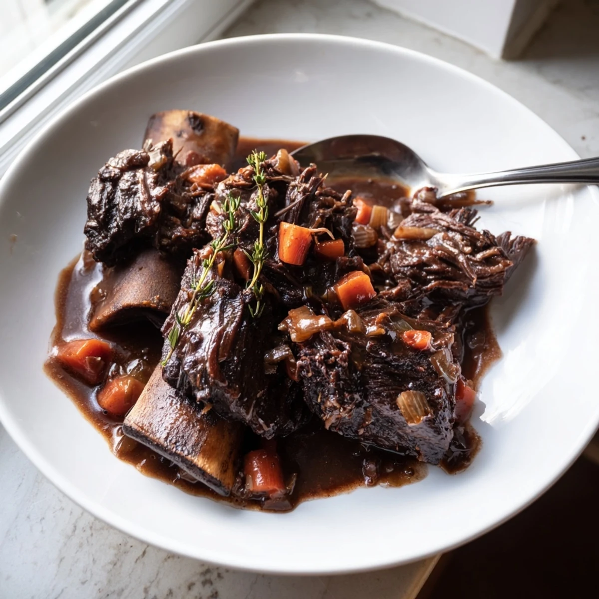 Fall-off-the-bone oven braised beef short ribs nestled over creamy whipped potatoes