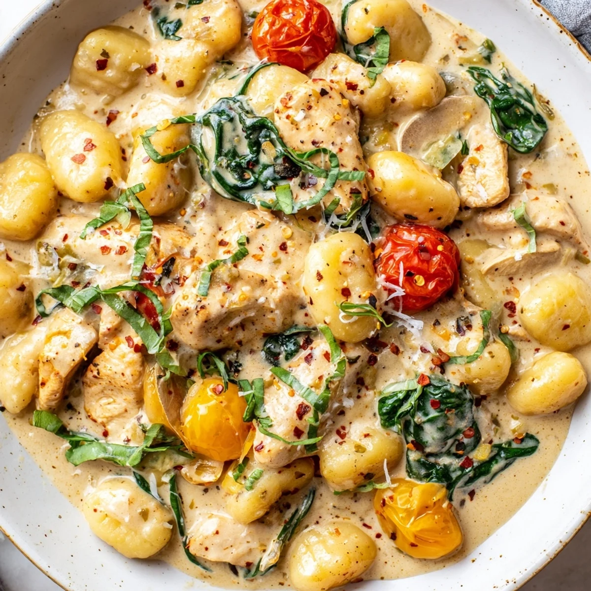 Creamy herb chicken gnocchi skillet bubbling in a golden cast iron pan with fresh parsley garnish