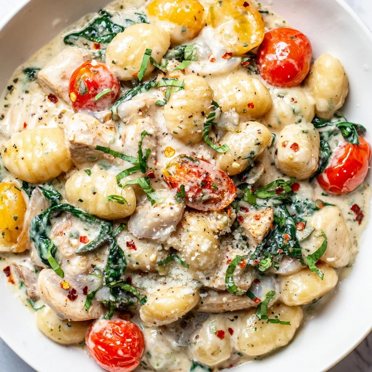 Steaming creamy herb chicken gnocchi skillet topped with halved cherry tomatoes and melted Parmesan