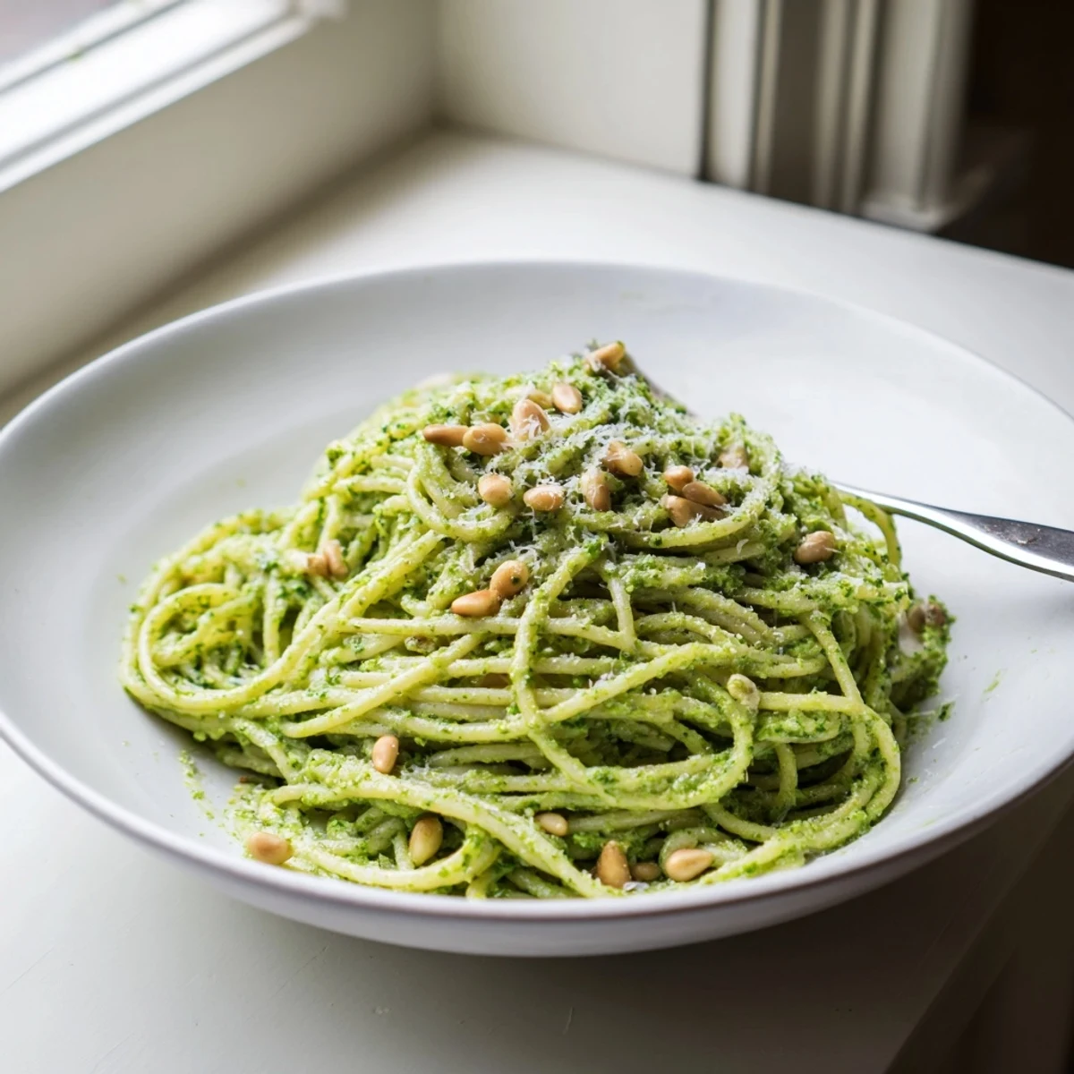 A steaming bowl of wild garlic pesto pasta topped with freshly grated Parmesan and cracked black pepper