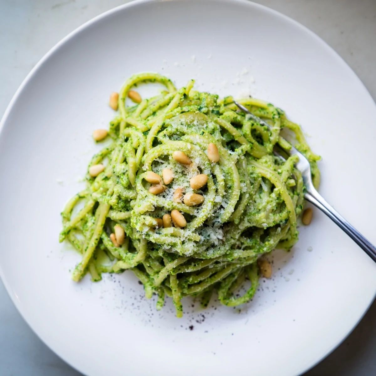 Bright green wild garlic pesto pasta coated in a silky, fragrant herb sauce on a white plate