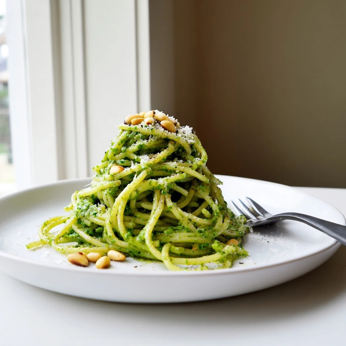 Wild garlic pesto pasta twirled on a fork, glistening with olive oil and scattered pine nuts