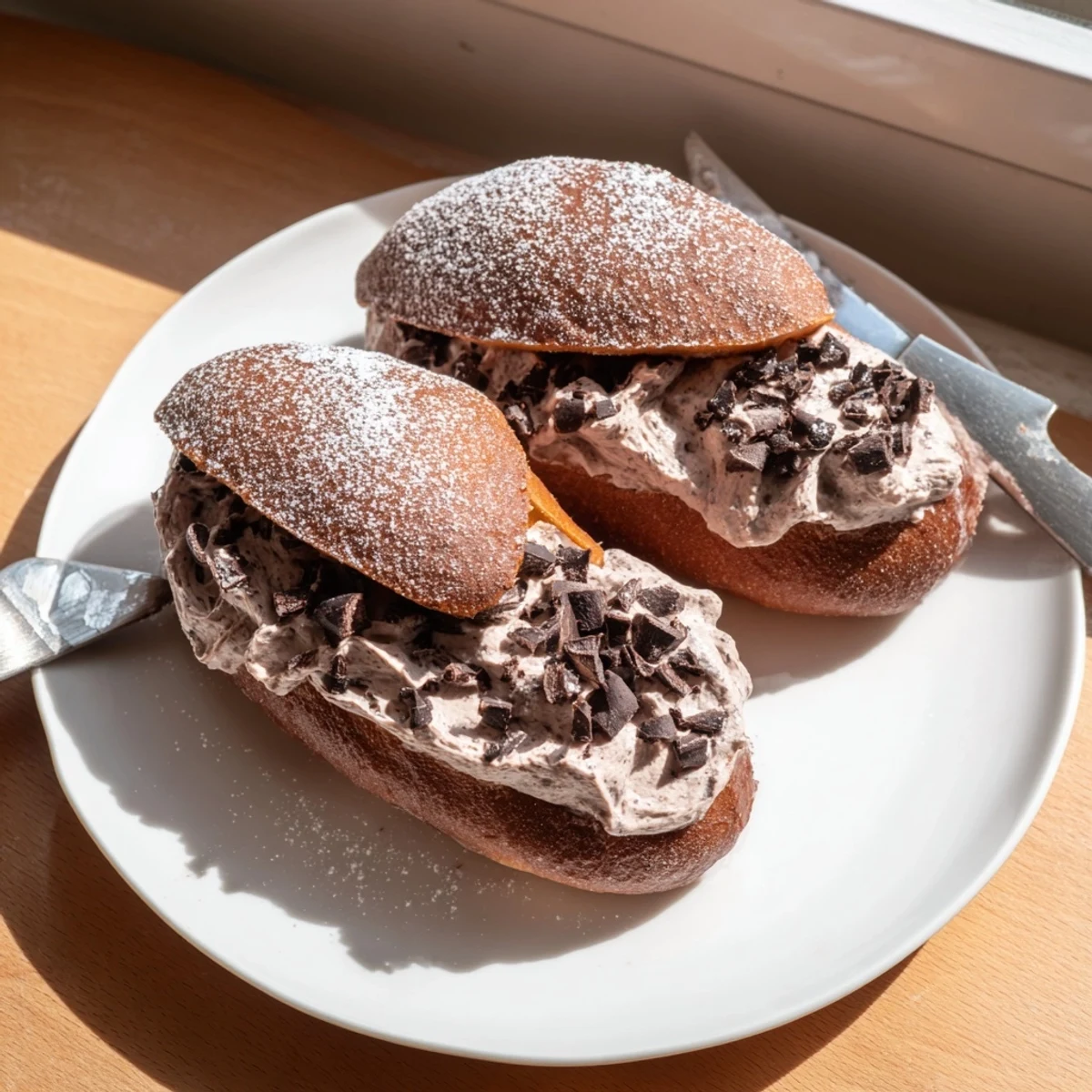 Italian Chocolate Maritozzi buns split open and overflowing with rich chocolate whipped cream