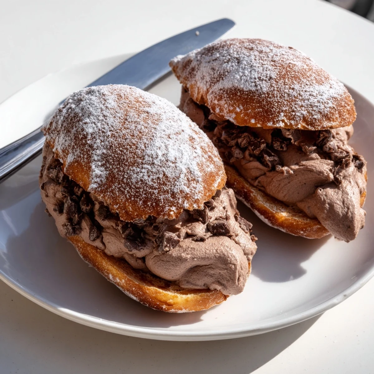 Creamy dark chocolate filling spills from tender Italian Chocolate Maritozzi on a rustic plate