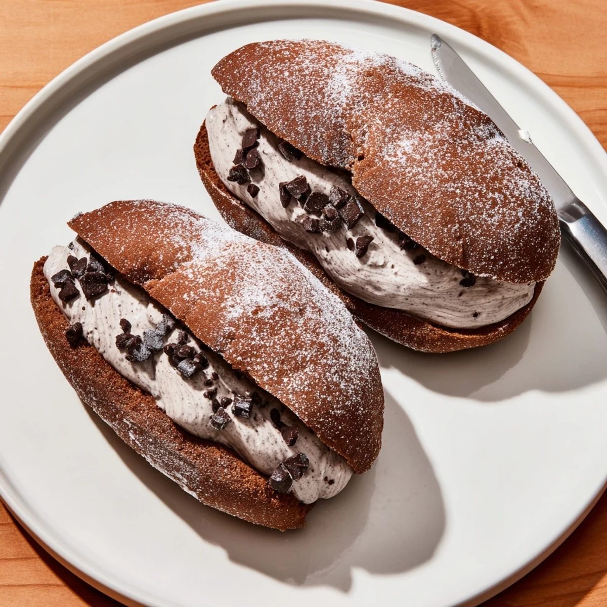 Soft chocolate Italian Maritozzi fresh from the oven with glossy golden egg-washed tops
