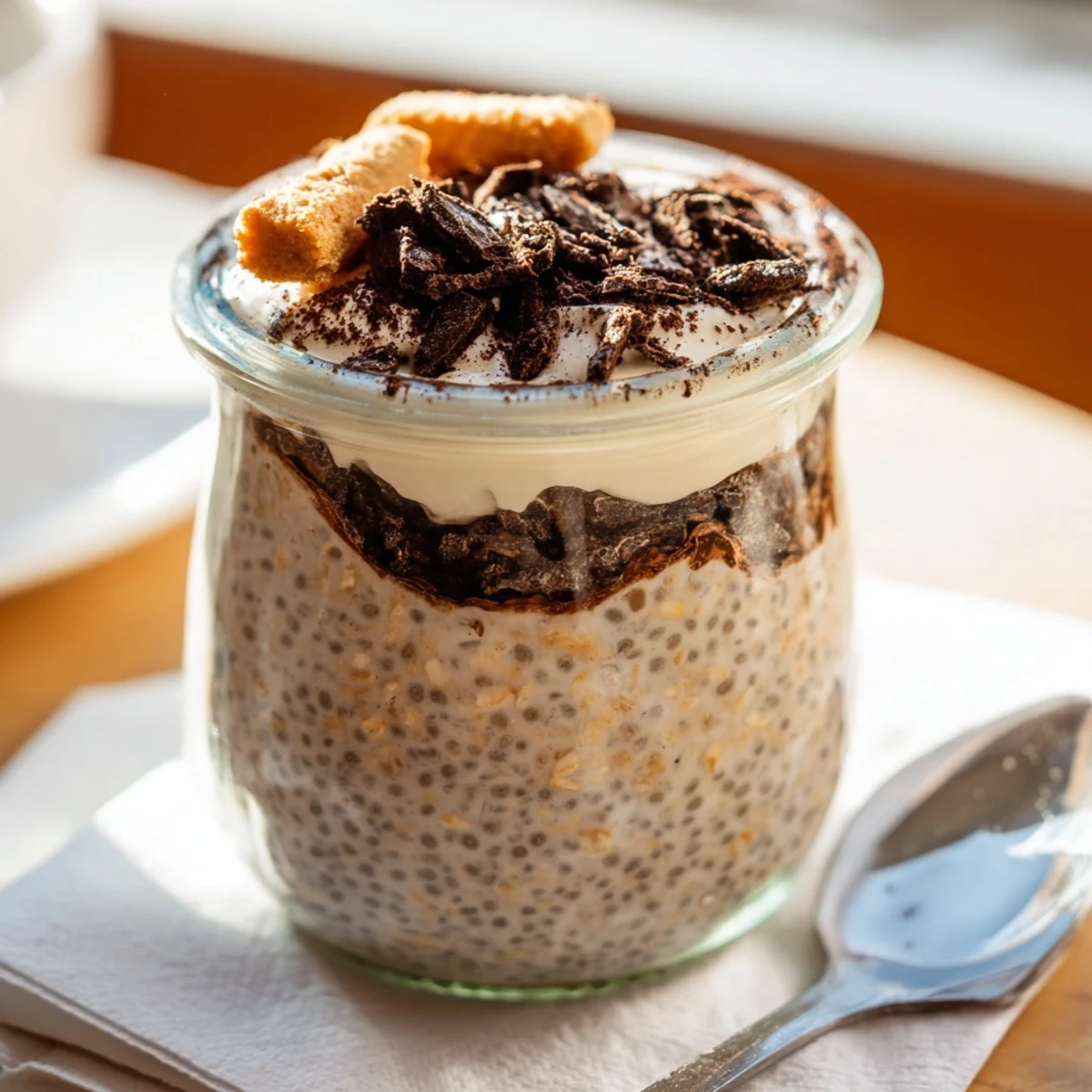 Creamy tiramisu overnight oats layered in a jar with cocoa dusting