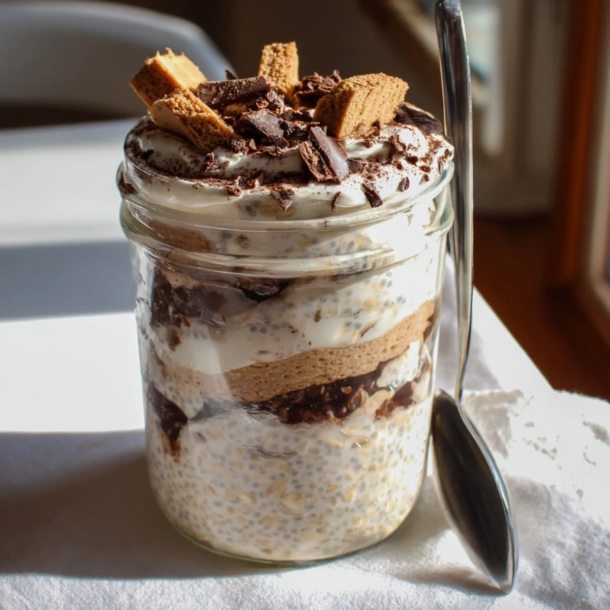 Coffee-soaked tiramisu overnight oats in a glass jar ready to enjoy