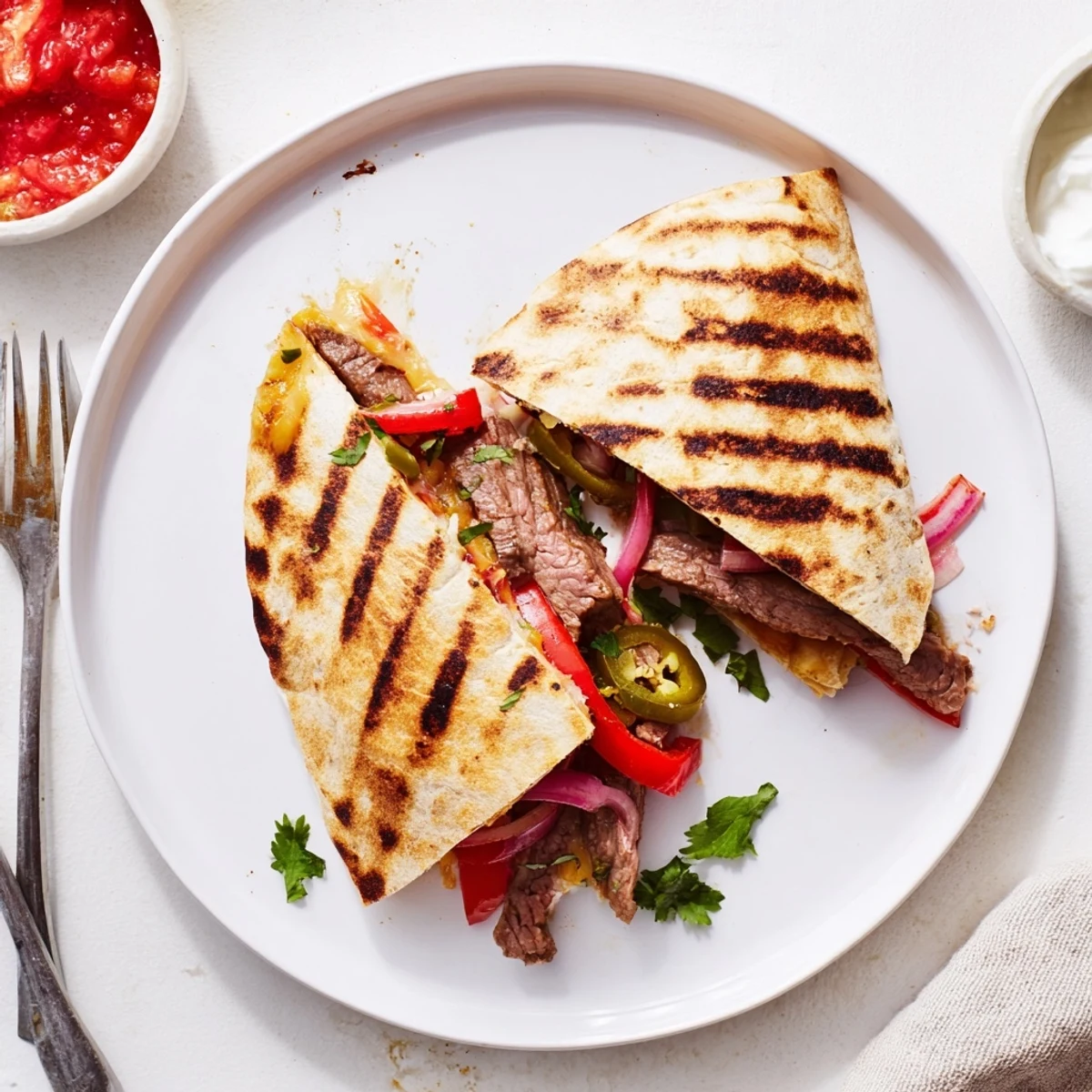 Golden steak quesadillas with melted cheese and sautéed peppers on a rustic wooden board