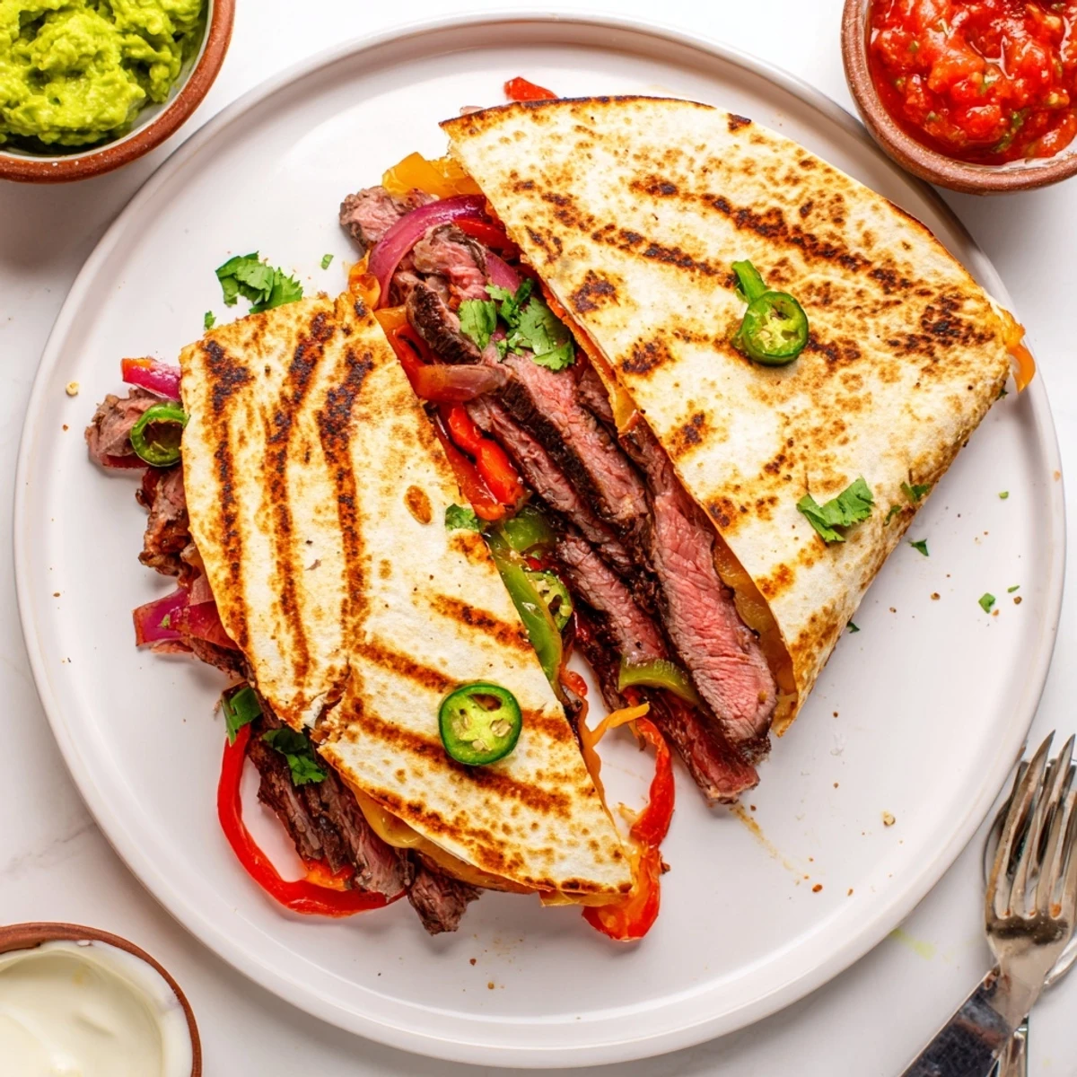 Crispy steak quesadillas cut into triangles served with fresh guacamole and salsa
