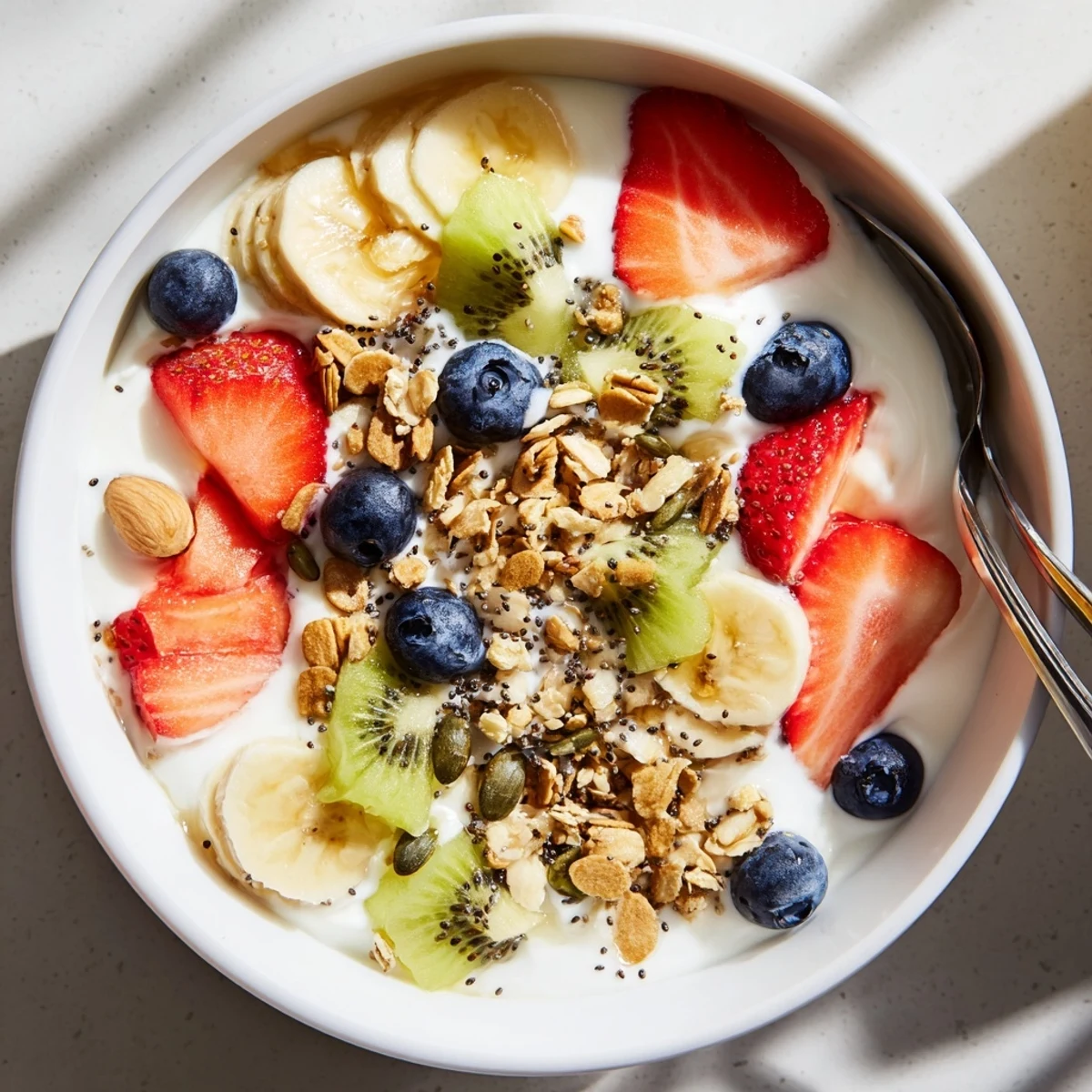 Creamy yogurt fruit bowl topped with fresh strawberries, blueberries, and crunchy granola