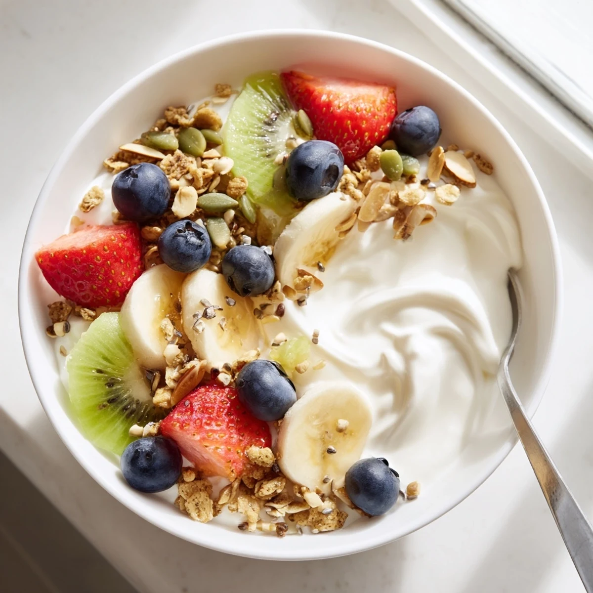 Golden honey-drizzled yogurt fruit bowl served in a white ceramic breakfast bowl