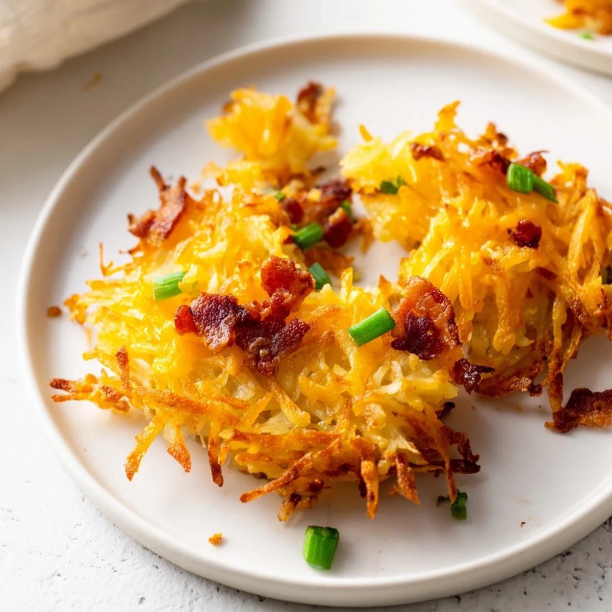 Crispy golden cheesy loaded hashbrown bites topped with melted cheddar and bacon