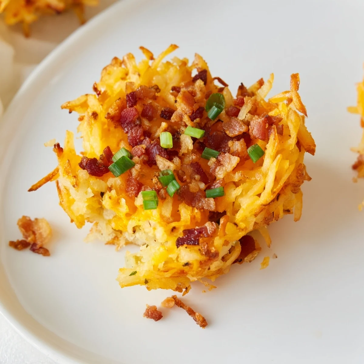 Warm cheesy loaded hashbrown bites garnished with fresh chives on a rustic plate