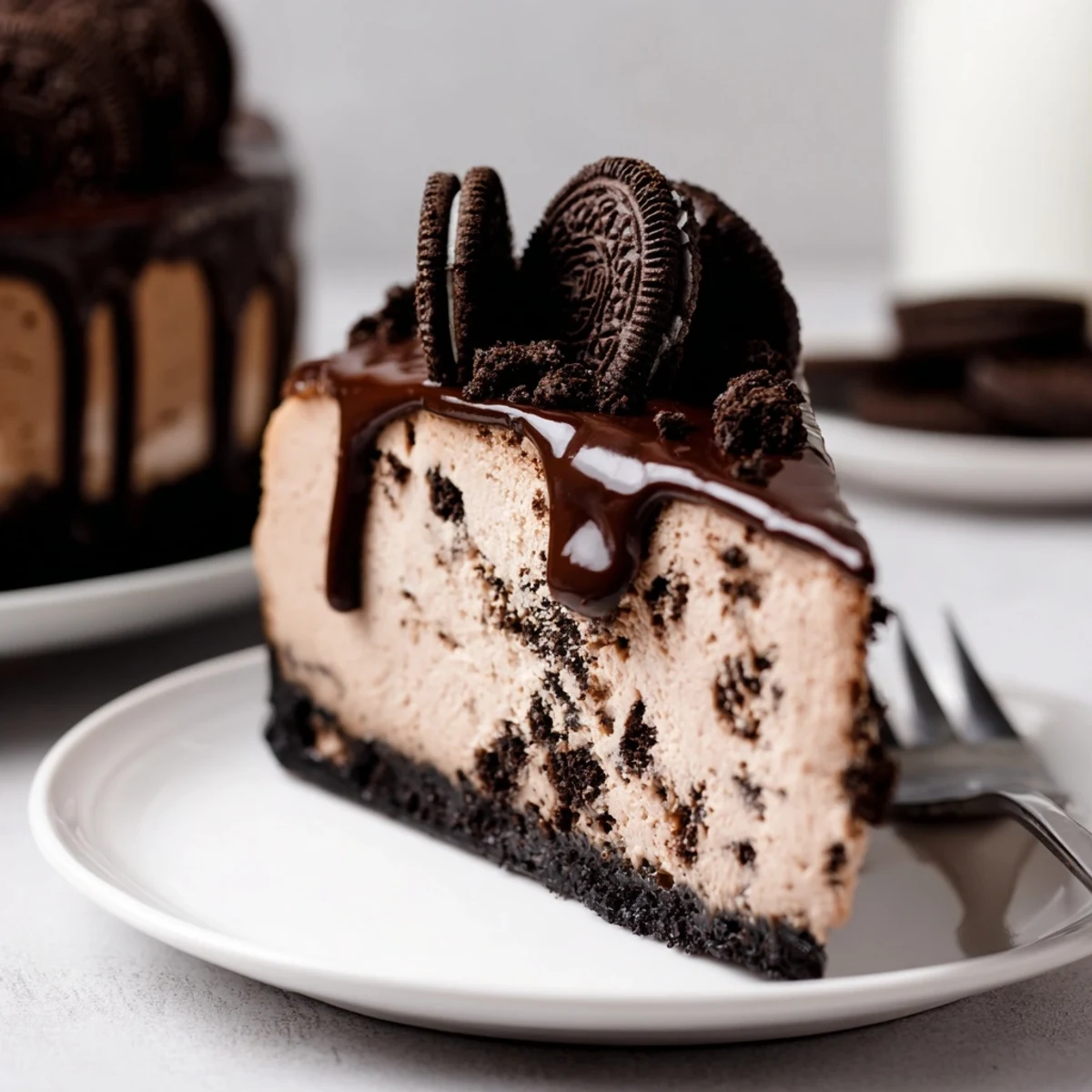 Creamy Oreo chocolate cheesecake drizzled with glossy ganache and topped with crushed cookies