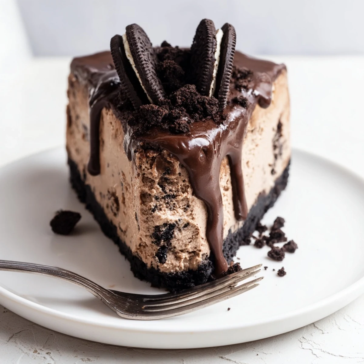 Rich Oreo chocolate cheesecake slice on a plate with chocolate cookie crust
