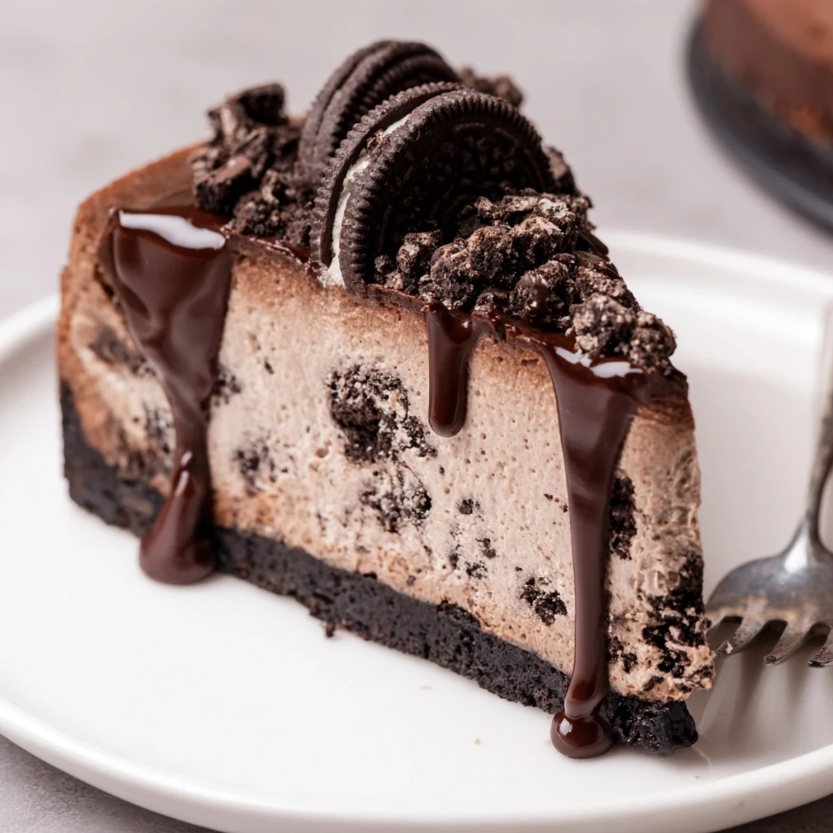 Smooth chocolate cheesecake loaded with Oreo pieces served chilled on a dark plate