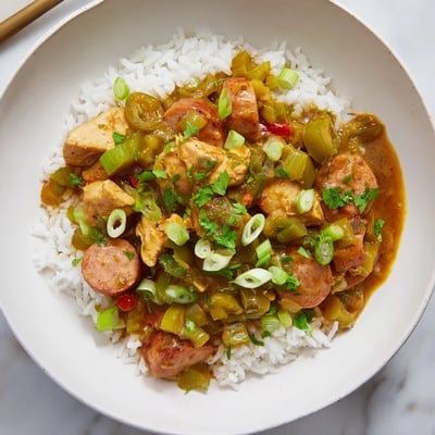 A close-up of richly spiced gumbo with tender chicken thighs and smoky turkey sausage simmered with okra.