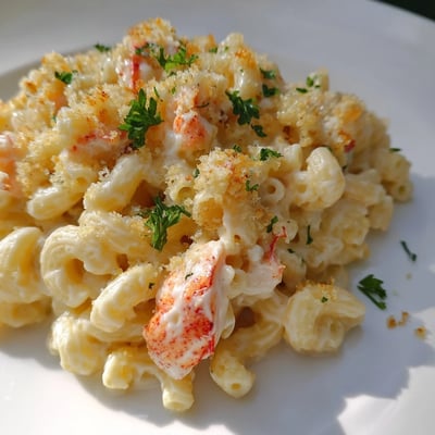 A close-up of creamy Lobster Mac and Cheese with truffle oil, highlighting the crunchy panko topping and succulent pieces of lobster meat.  