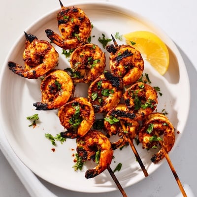 Four servings of Spiced Grilled Shrimp Skewers with Lemon paired with a crisp salad and lemon wedges.