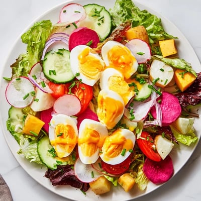 A close-up view of a hearty Irish Pub Salad featuring creamy eggs, crisp greens, red onion slices, and pickled beets on a rustic wooden table.