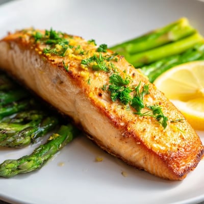 A close-up of pan seared salmon with asparagus spears beside fresh parsley, dill, and lemon wedges. 