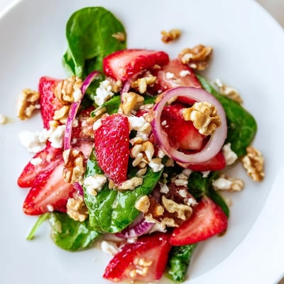 A vibrant Strawberry Spinach Salad with Walnuts tossed in tangy balsamic vinaigrette and served on a white plate.