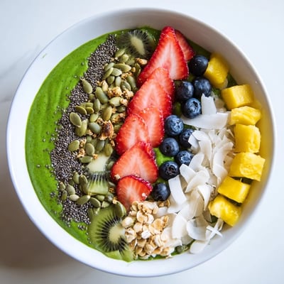 A thick, creamy blend of spinach, kale, banana, mango, and pineapple is spooned into a bowl and garnished with fresh strawberries, kiwi slices, crunchy granola, and pumpkin seeds for a healthy breakfast.