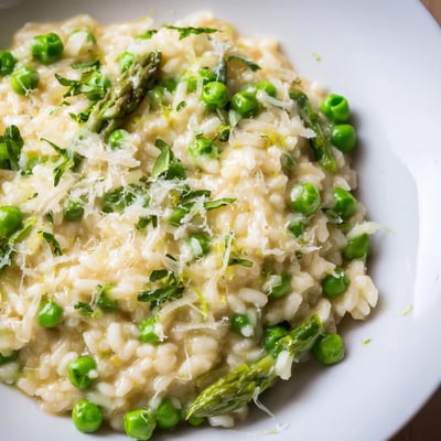 Creamy Spring Pea and Asparagus Risotto with bright green peas and tender asparagus specks, garnished with grated Parmesan.