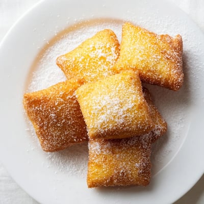 Pillowy Mardi Gras fried dough pieces coated in sparkling granulated sugar.