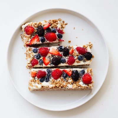 Homemade frozen yogurt berry granola bars sliced into rectangles featuring a creamy yogurt center and colorful fresh berry topping