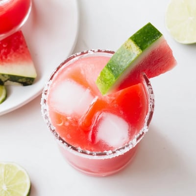 Ice-cold Watermelon Margarita Mocktail served in salt-rimmed glass with juicy fruit garnish