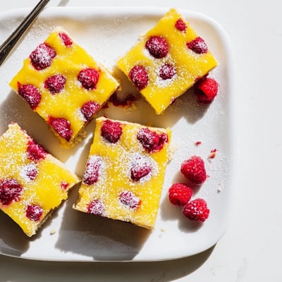 Tangy lemon raspberry bars on white plate dusted with powdered sugar for dessert
