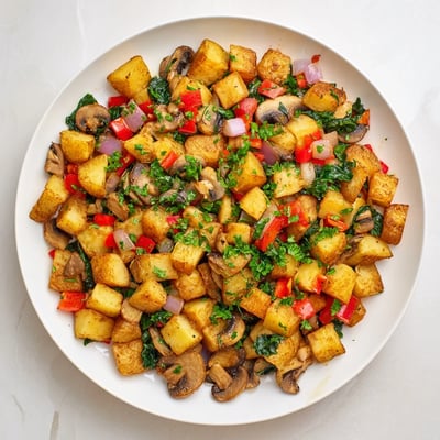 Hearty flavorful vegan breakfast hash with fresh spinach garnish on a white plate